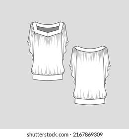 Ruffles Gathering square neck top ruffle sleeve Fashion t shirt top blouse Flat Sketch Technical Drawing Template Vector Design