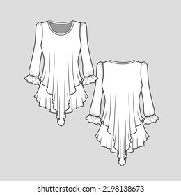 Ruffles Hem Crew neck Top Long Sleeve Frill Layered Ruffles Hem  Fashion Cad Technical Drawing Design Template  flat sketch Vector