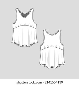 ruffles hem peplum tank top sleeveless v neck  fashion  gathering tank  vest  flat sketch technical drawing template design vector