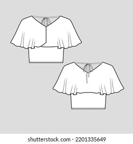 Ruffles knotted crop top back knot tie detail Fashion cropped flat sketch template vector