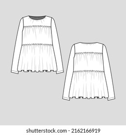 Ruffles Long Sleeve top crew neck gathering layered ruffles long sleeve Fashion clothing outline flat sketch technical drawing template design
