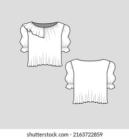 Ruffles neck crop top fashion ruffles detail on neckline elastic gathering sleeve with cuff cropped Fashion clothing outline flat sketch technical drawing template design