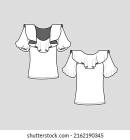 Ruffles Neck Lantern Sleeve Top Layered neck Ruffle detail lantern sleeve blouse top t shirt clothing flat sketch technical drawing template design vector