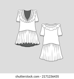 Ruffles Neck peplum top Fancy Neckline ruffles waist gathering high low dip hem Short Sleeve fashion t shirt top dress tunic blouse flat sketch technical drawing template design vector