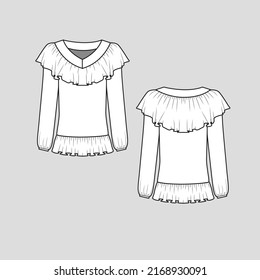 Ruffles Neckline  top v neck Ruffle hem long sleeve fashion t shirt top blouse flat sketch technical drawing template design vector