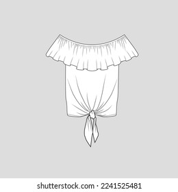 Ruffles Off Shoulder Knotted hem top Knot tie  hem Fashion flat sketch drawing template design