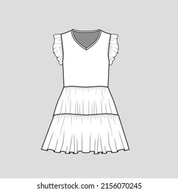 ruffles peplum dress v neck armhole ruffles sleeve detail gatherings peplum dress flare hem clothing fashion  flat sketch technical drawing template design vector