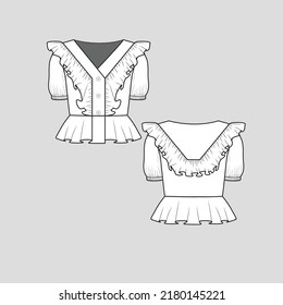 Ruffles Peplum Gathering Top button panel  gathering Sleeve ruched hem Top blouse Fashion flat sketch technical drawing template