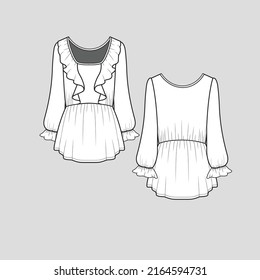 Ruffles Peplum Long Sleeve Top Square Neck Long Elastic Gathering Ruffle Frill Sleeve Hem Waist Gatherings Fashion T Shirt Tunic Top Blouse Flat Sketch Technical Drawing Template Design Vector