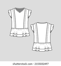 Ruffles peplum top armhole ruffle detail v neck ruffle flounce flare hem t shirt dress blouse top fashion flat sketch technical drawing template design vector