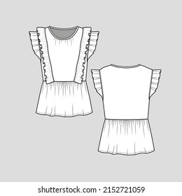 Ruffles peplum top dress Pleated ruffle Sleeve crew neck gathering armhole detail apparel garment clothing fashion t shirt top blouse  flat sketch technical drawing template design vector