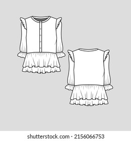 Ruffles peplum top henley neck button panel gathering ruffles elbow sleeve peplum ruffles layered hem detail t shirt blouse technical drawing template design vector