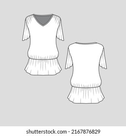 Ruffles Peplum Tunic Top V Neck Waist Gathering Ruffle Sleeve Shoulder Detail Peplum Fashion T Shirt Top Blouse Dress Flat Sketch Technical Drawing Template Vector Design