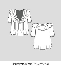 Ruffles Pleated Crop top Fancy Neckline ruffles Front Pleats detail gathering Short Sleeve detail Cropped fashion t shirt top blouse flat sketch technical drawing template design vector