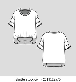 Ruffles Sleeve Crew Neck Ribbed front slit t shirt top cad Fashion flat sketch design drawing template