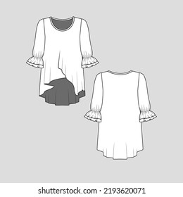 Ruffles sleeve high low hem top crew neck ruffles dip hem fashion flat sketch template drawing design