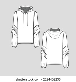 ruffles sleeve Hoodie Top t shirt frill ruffles long sleeve cad Fashion hoodies design drawing template