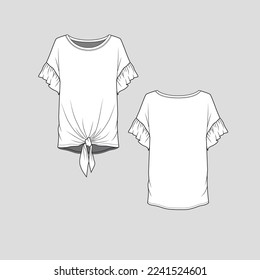 Ruffles Sleeve Knotted Hem top Kimono ruffle flounce sleeve Knot tie high low dip hem Fashion crop top Round Neck rib cropped Fashion flat sketch drawing template design