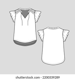 Ruffles Sleeve Ruched Shoulder Top V Neck frill shirred detail  High low dip hem Fashion design template flat sketch drawing