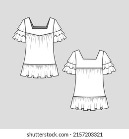 Ruffles sleeve square neck  tunic top gatherings detail ruffles hem layered ruffles flounce flare hem  t shirt blouse dress  fashion clothing flat sketch technical drawing template design vector