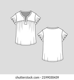 Ruffles Sleeve top Notch Neck Gathering ruffle t shirt blouse Fashion flat sketch Cad Drawing Vector Design Template