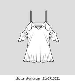 Ruflas Sleevless Strap Top Layered Detalle de escamas moda camiseta ropa blusa superior sketch plano plantilla técnica de dibujo vectorial