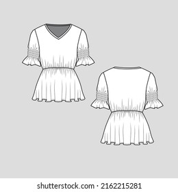 Ruffles Smocked top V Neck Waist gathering  smocking Ruffles sleeve fashion clothing flat sketch technical drawing template design vector