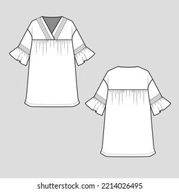 Ruffles Smocking Sleeve  t shirt top Neck Smocked  Gathering Detail drop shoulder ruffles sleeve hem flat sketch design fashion template drawing