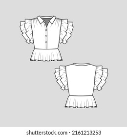 Ruffles t shirt Top Collar Neck Button panel Placket Fashion peplum waist layered Ruffles Sleeve detail  clothing flat sketch technical drawing template design vector