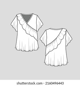 Ruffles  t shirt top v neck  ruffles fashion sleeve blouse clothing flat sketch technical drawing template design vector