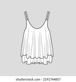 Ruffles tank Top layered Ruffle Strap top Fashion outline flat sketch technical drawing template design vector