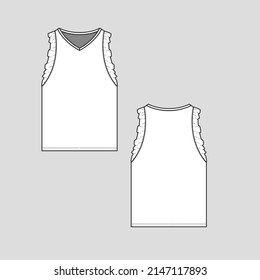 Ruffles tank top sleeveless  armhole ruffle detail v neck fashion flat sketch technical drawing cad template design vector