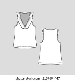 Ruffles tank top v neck ruffles frill detail sleeveless tank vest t shirt top womens fashion flat sketch technical drawing template design vector