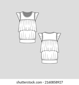 Ruffles top ruffles Crew neck cap sleeve ruffles gathering detail  top blouse t shirt Fashion clothing flat sketch technical drawing template design vector