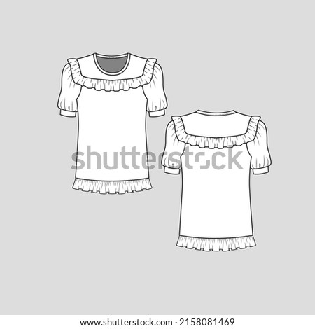 Ruffles top crew neck ruffles frill detail puff short sleeve with cuff ruffles hem fashion blouse t shirt top flat sketch technical drawing template design vector