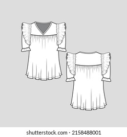 Ruffles top v  neck gathering elbow sleeve frill Ruffles Sleeve fashion flare hem blouse t shirt top flat sketch technical drawing template design vector