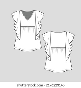 Ruffles Top V Neck gathering Ruffle Sleeve Fashion  t shirt blouse flat sketch technical drawing template design vector