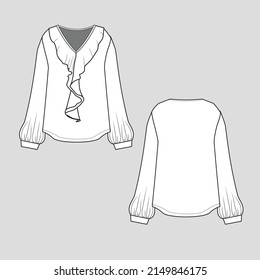 Ruffles top v neck long lantern sleeve gathering cuff hem fashion flat sketch technical drawing template design vector