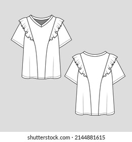 Ruffles top v neck ruffle detail short sleeve cad mock up fashion flat sketch technical drawing template design vector