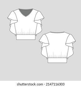 ruffles top v neck sleeve ruffles gathering ruffle detail fashion flat sketch technical drawing template design vector