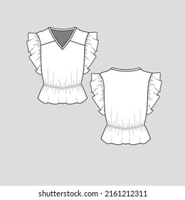 Ruffles Top V Neck Waist Elastic Gathering ruffle sleeve clothing flat sketch technical drawing template design vector