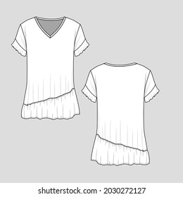 Ruffles t-shirt top  front hem and sleeve ruffles v neck  fashion flat sketch cad design vector template