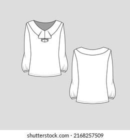 Ruffles v Neck  top Long sleeve gathering hem t shirt top blouse  fashion flat sketch technical drawing template design vector