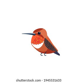Rufous Hummingbird  is one of seven species in the genus Selasphorus. ​Orange small bird Cartoon flat style beautiful character of ornithology, vector illustration isolated on white.