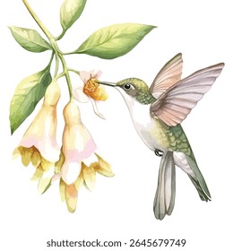 A Rufous-tailed hummingbird with green and beige plumage drinks nectar from pale yellow fuchsia flowers with pink accents, wings spread.