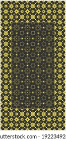 Rug consisting of black and yellow space geometric pattern stars. Poster design.