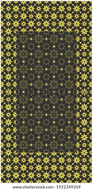 Rug consisting of black and yellow space\
geometric pattern stars. Poster\
design.