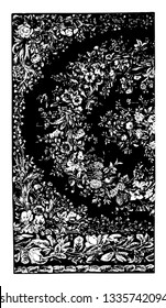 La alfombra está diseñada con brotes de flores, se utiliza como revestimiento del suelo y con fines decorativos, dibujo de líneas antiguas o ilustración de grabado.