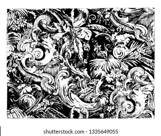 Rug is designed with scrolls and leaves of the palm tree in a velvet material, It is used as a decorative floor covering, vintage line drawing or engraving illustration.