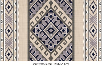 The rug features a complex geometric pattern with a central diamond shape surrounded by smaller motifs. Neutral tones dominate the color palette, reflecting a traditional ethnic style.